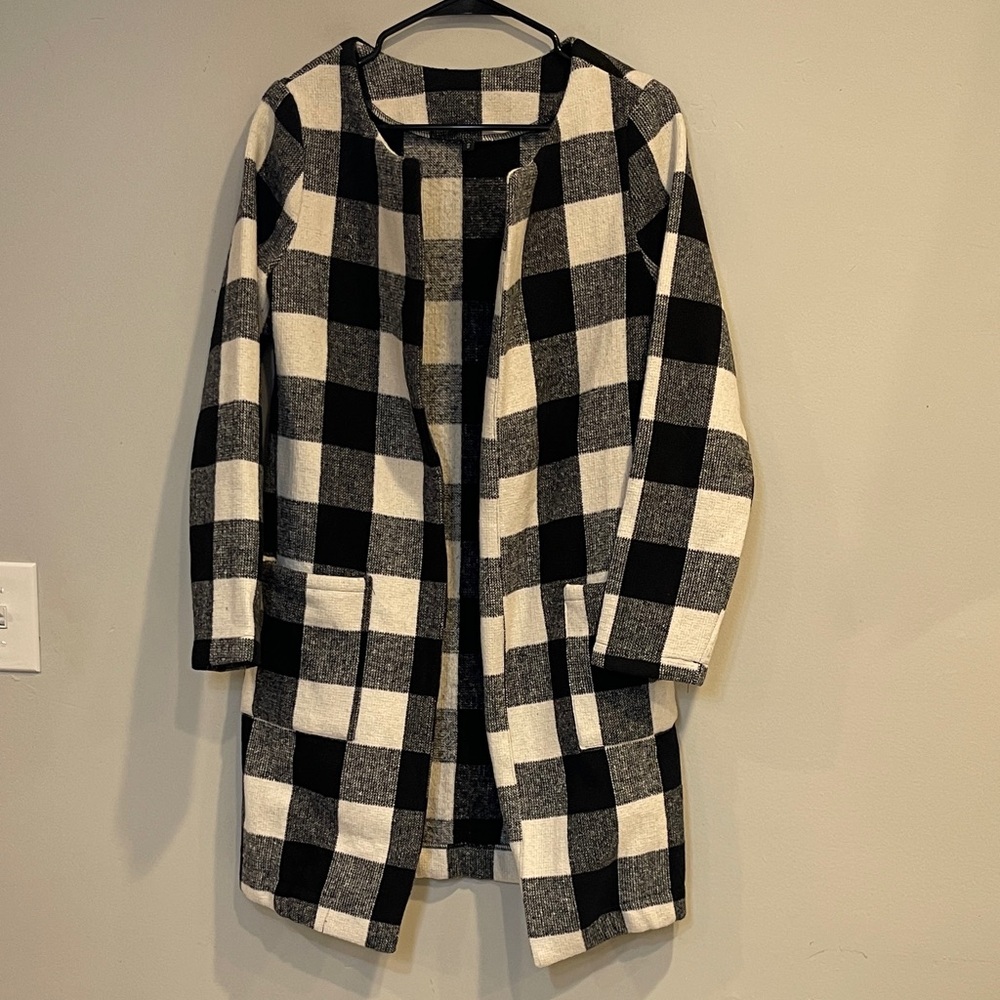 Black and White Checkered Open Front Sweater